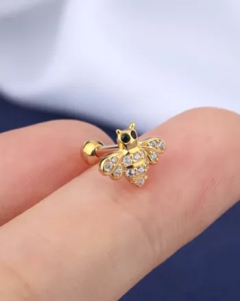 14K Gold Helix Earrings – Clear CZ Cartilage Earrings – Honey bee